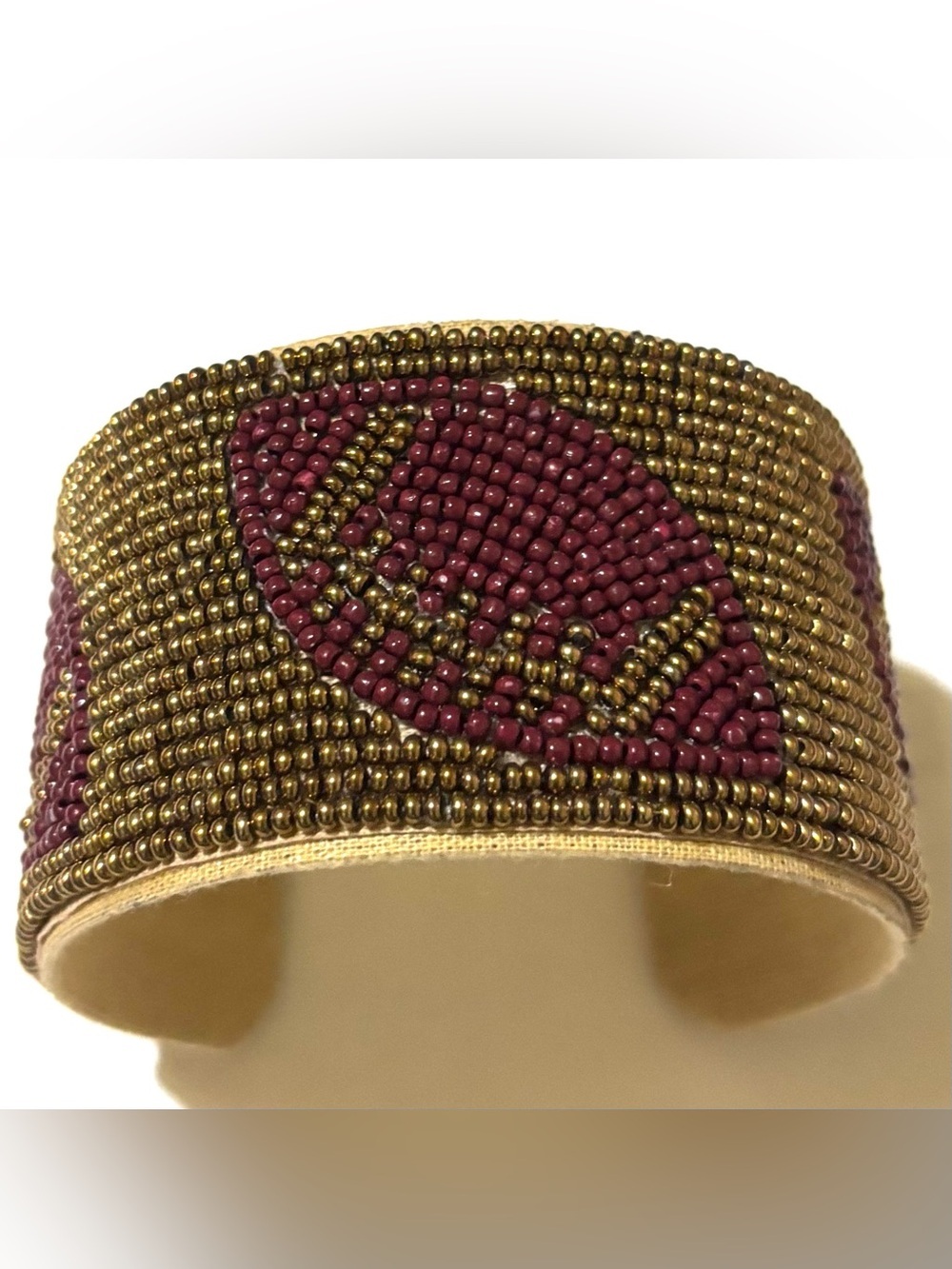 Beaded unisex Gold and Burgundy Football Motif Cuff Bracelet
